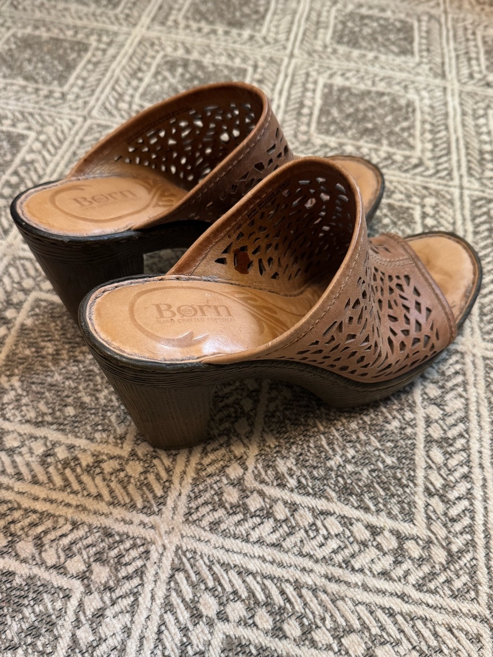 Born Brown Laser-Cut Leather Open-Toed Mule Heels